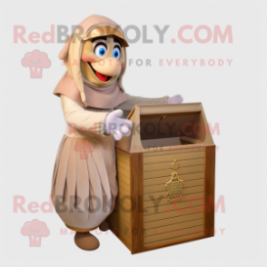 Beige Treasure Chest mascot costume character dressed with a Pleated Skirt and Gloves