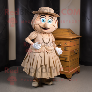 Beige Treasure Chest mascot costume character dressed with a Pleated Skirt and Gloves