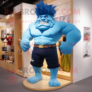 Cyan Strongman mascot costume character dressed with a Denim Shorts and Hair clips