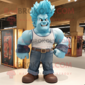 Cyan Strongman mascot costume character dressed with a Denim Shorts and Hair clips