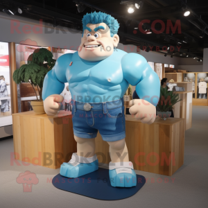 Cyan Strongman mascot costume character dressed with a Denim Shorts and Hair clips