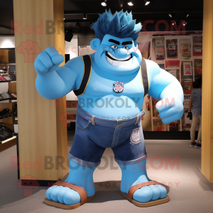 Cyan Strongman mascot costume character dressed with a Denim Shorts and Hair clips