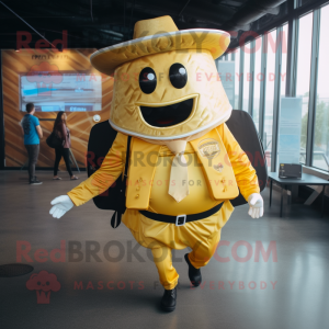 Gold Tacos mascot costume character dressed with a Blazer and Backpacks