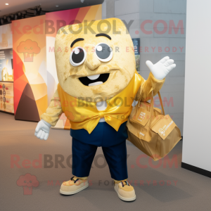 Gold Tacos mascot costume character dressed with a Blazer and Backpacks