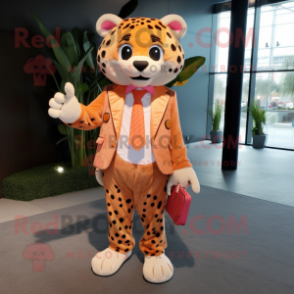 Peach Cheetah mascot costume character dressed with a Blazer and Clutch bags