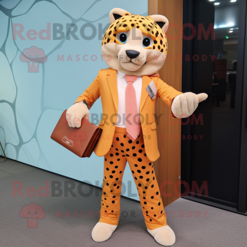 Peach Cheetah mascot costume character dressed with a Blazer and Clutch bags