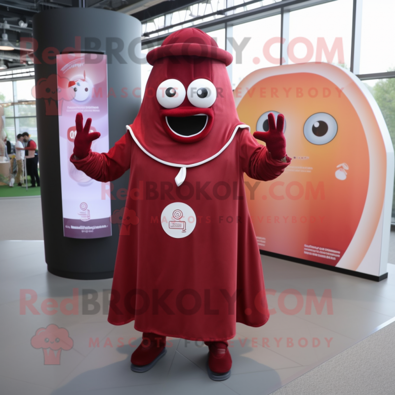 Maroon Shakshuka mascot costume character dressed with a Dress Shirt and Rings Maroon Shakshuka mascot costume character dressed with a Dress Shirt and Rings