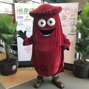 Maroon Shakshuka mascot costume character dressed with a Dress Shirt and Rings