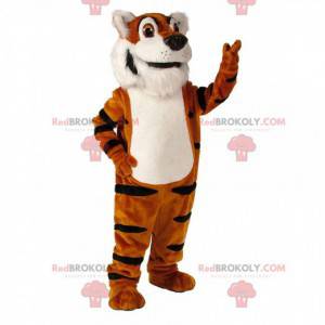 Weiches und realistisches Tigermaskottchen in Orange, Weiß und