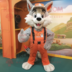 Peach Say Wolf mascot costume character dressed with a Dungarees and Keychains