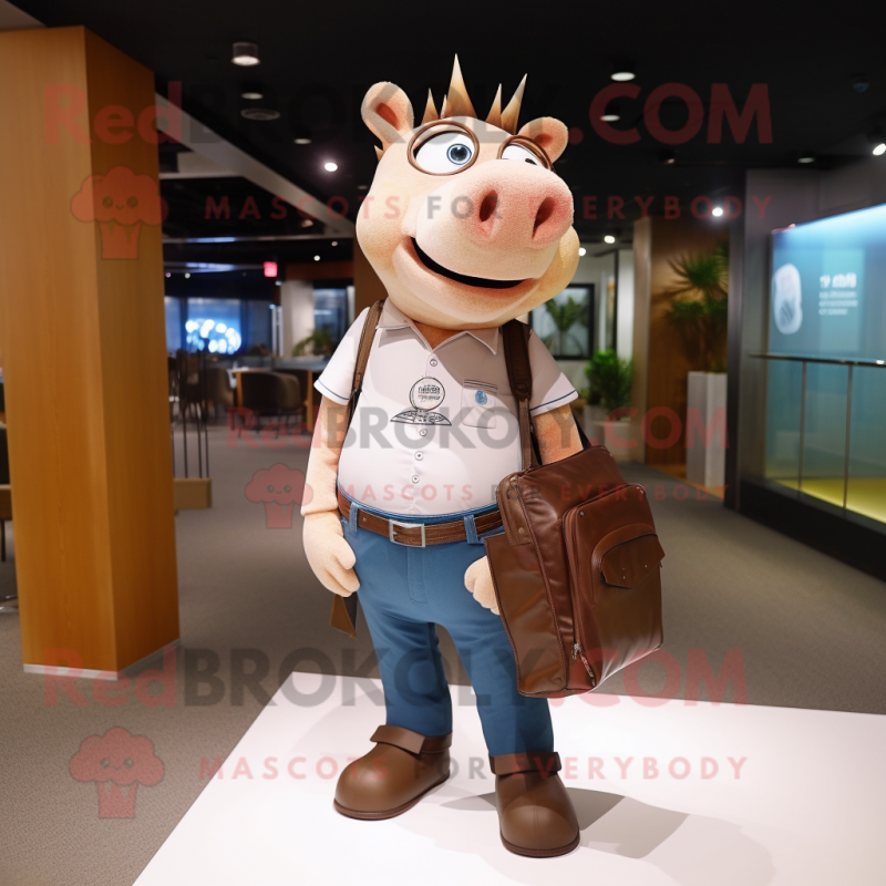 Brown Pig mascot costume character dressed with a Skinny Jeans and Messenger bags