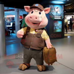 Brown Pig mascot costume character dressed with a Skinny Jeans and Messenger bags