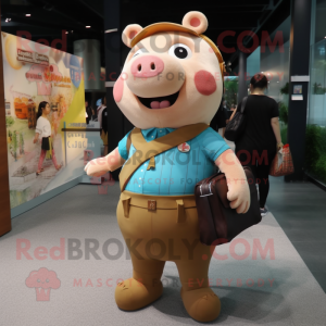 Brown Pig mascot costume character dressed with a Skinny Jeans and Messenger bags