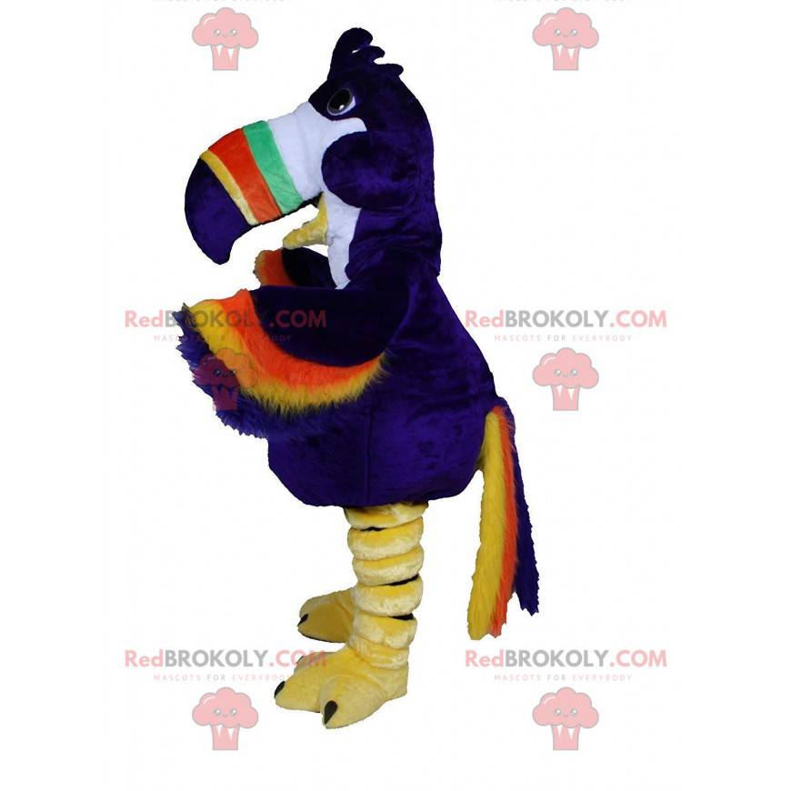 Mascote tucano gigante e colorido, fantasia de papagaio azul -