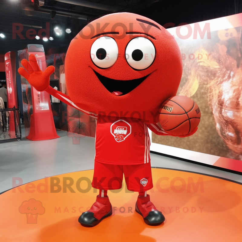 Red Basketball Ball mascot costume character dressed with a Long Sleeve Tee and Backpacks