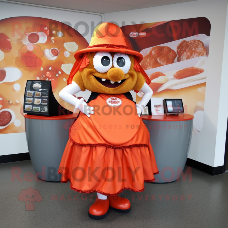 Orange Steak mascot costume character dressed with a Maxi Skirt and Coin purses Orange Steak mascot costume character dressed with a Maxi Skirt and Coin purses