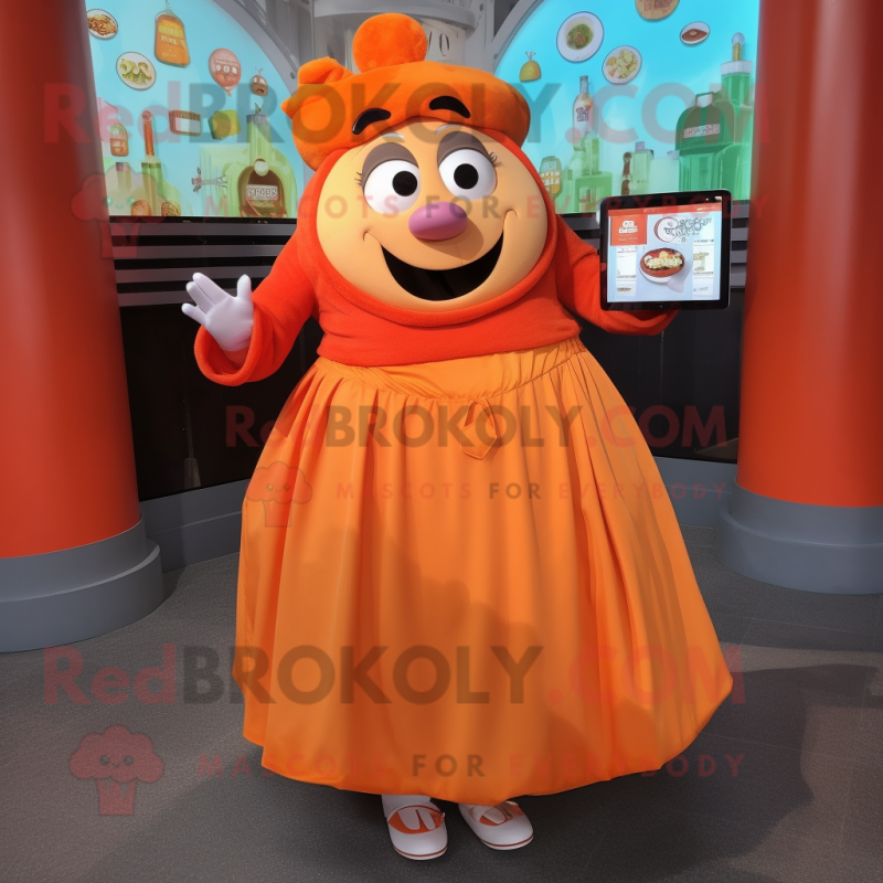 Orange Steak mascot costume character dressed with a Maxi Skirt and Coin purses