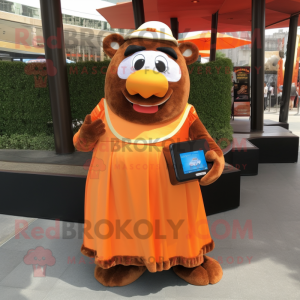 Orange Steak mascot costume character dressed with a Maxi Skirt and Coin purses