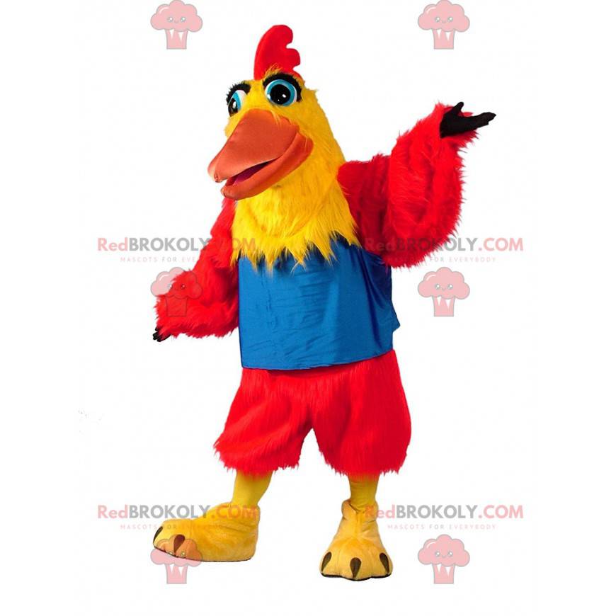 Mascotte di pollo rosso e giallo, costume da gallina colorato -