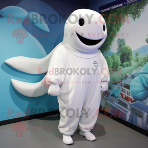 nan Beluga Whale mascot costume character dressed with a Jumpsuit and Shoe laces