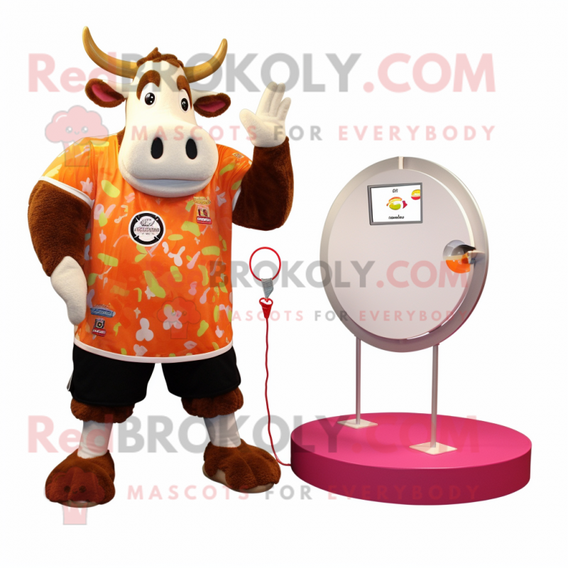 Peach Hereford Cow mascot costume character dressed with a Board Shorts and Rings