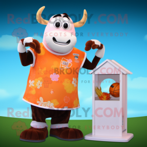 Peach Hereford Cow mascot costume character dressed with a Board Shorts and Rings