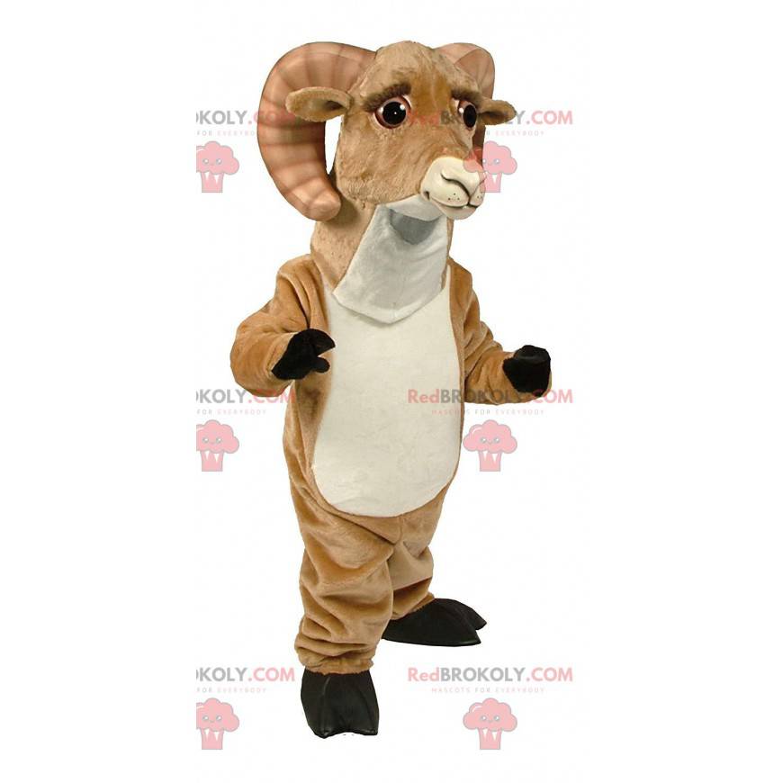 Mascota de carnero marrón y blanco con cuernos grandes -