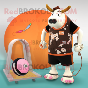 Peach Hereford Cow mascot costume character dressed with a Board Shorts and Rings