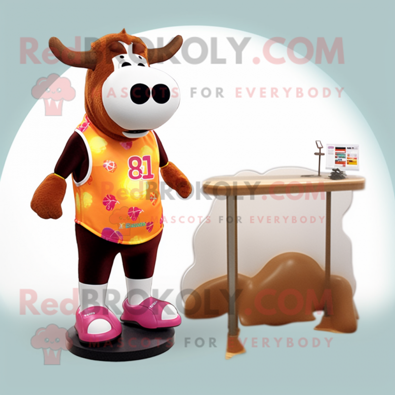 Peach Hereford Cow mascot costume character dressed with a Board Shorts and Rings Peach Hereford Cow mascot costume character dressed with a Board Shorts and Rings