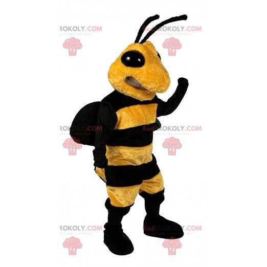 Mascotte d'abeille jaune et noire, costume de guêpe intimidante