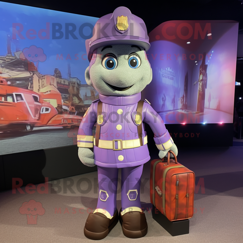 Lavender Fire Fighter mascot costume character dressed with a Leather Jacket and Briefcases