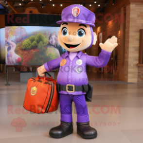Lavender Fire Fighter mascot costume character dressed with a Leather Jacket and Briefcases