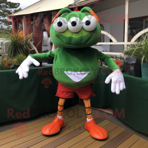 Forest Green Crab Cakes mascot costume character dressed with a Running Shorts and Bow ties