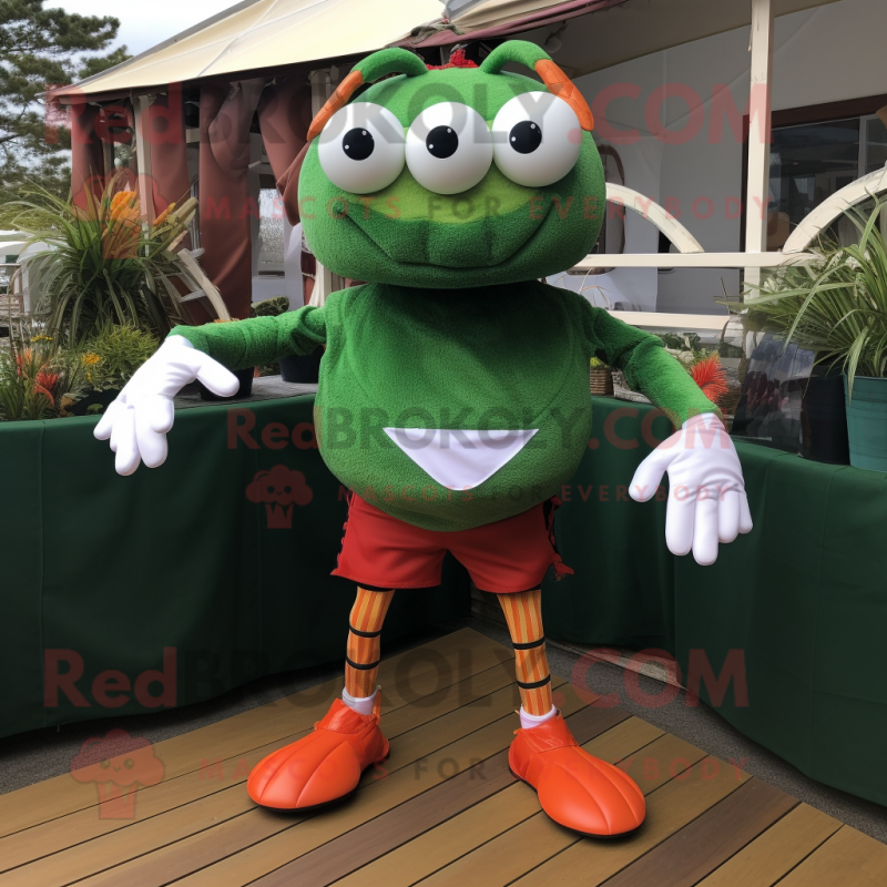 Forest Green Crab Cakes mascot costume character dressed with a Running Shorts and Bow ties Forest Green Crab Cakes mascot costume character dressed with a Running Shorts and Bow ties