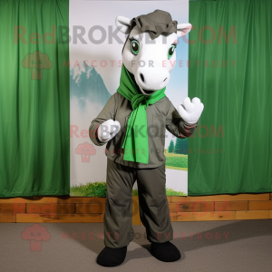 Forest Green Mare mascot costume character dressed with a Poplin Shirt and Scarves