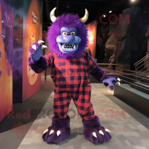 Purple Demon mascot costume character dressed with a Flannel Shirt and Foot pads