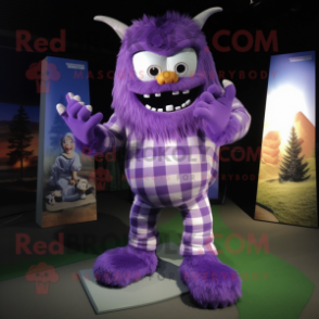 Purple Demon mascot costume character dressed with a Flannel Shirt and Foot pads