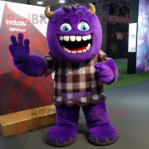 Purple Demon mascot costume character dressed with a Flannel Shirt and Foot pads
