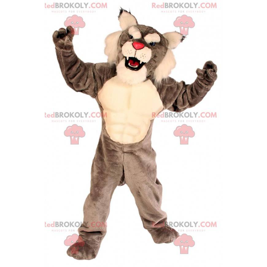 Gray and white wild cat mascot, feline costume - Redbrokoly.com