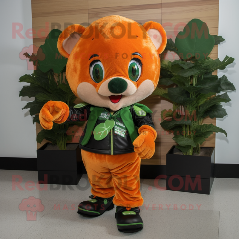 Orange Bunch Of Shamrocks mascot costume character dressed with a Leather Jacket and Backpacks Orange Bunch Of Shamrocks mascot costume character dressed with a Leather Jacket and Backpacks