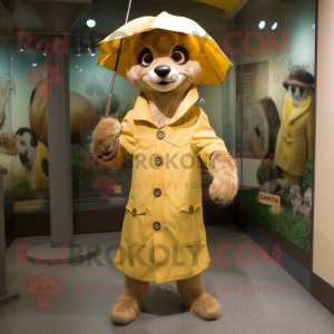 Tan Meerkat mascot costume character dressed with a Raincoat and Berets