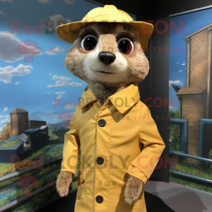 Tan Meerkat mascot costume character dressed with a Raincoat and Berets