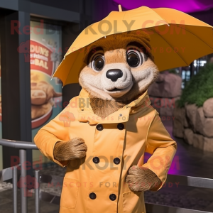 Tan Meerkat mascot costume character dressed with a Raincoat and Berets