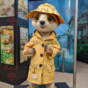 Tan Meerkat mascot costume character dressed with a Raincoat and Berets