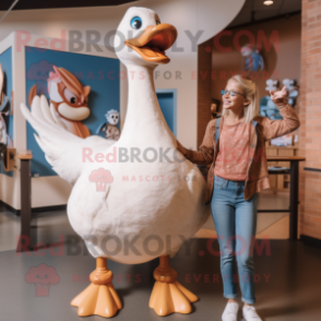 Tan Swan mascot costume character dressed with a Mom Jeans and Hairpins