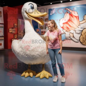 Tan Swan mascot costume character dressed with a Mom Jeans and Hairpins