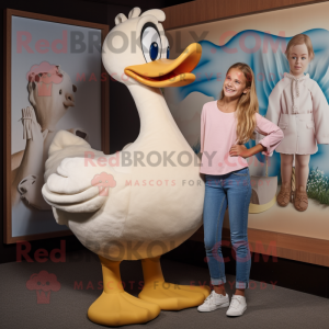 Tan Swan mascot costume character dressed with a Mom Jeans and Hairpins