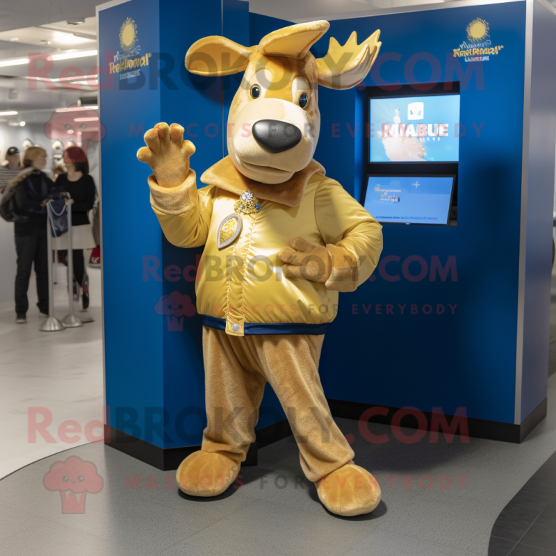 Gold Moose mascot costume character dressed with a Flare Jeans and Lapel pins