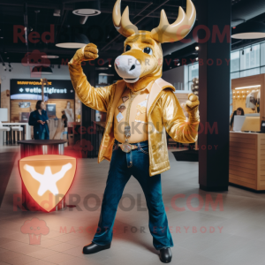 Gold Moose mascot costume character dressed with a Flare Jeans and Lapel pins