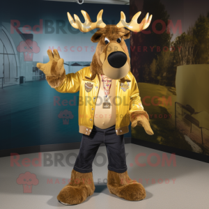 Gold Moose mascot costume character dressed with a Flare Jeans and Lapel pins